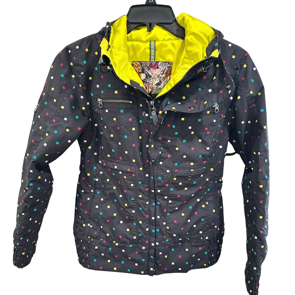 Burton Women's Snowboard Jacket Funky Squares Print Bright Yellow Lined Hooded M